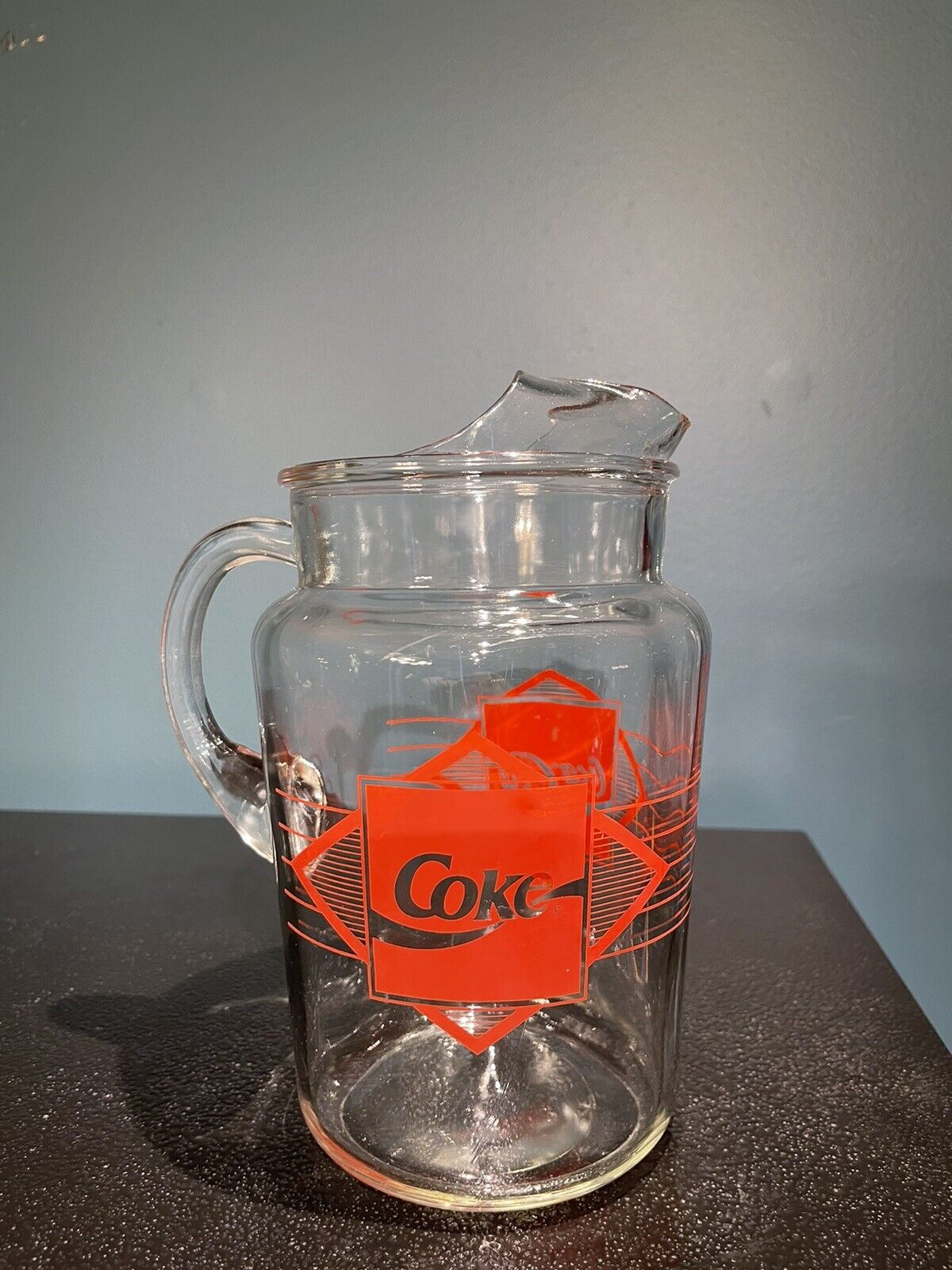 Vintage Coke Glass Pitcher With Ice Catcher Lip .