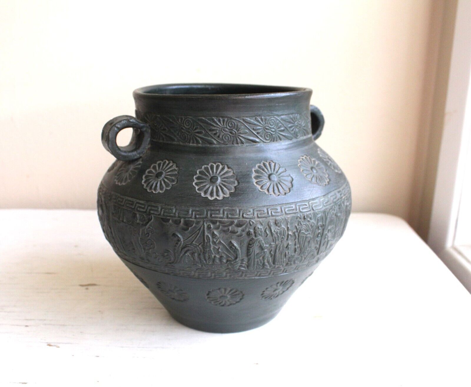 Greek Black Reproduction Ancient Greece Jar Pot Matte Wax Finish Bas Relief