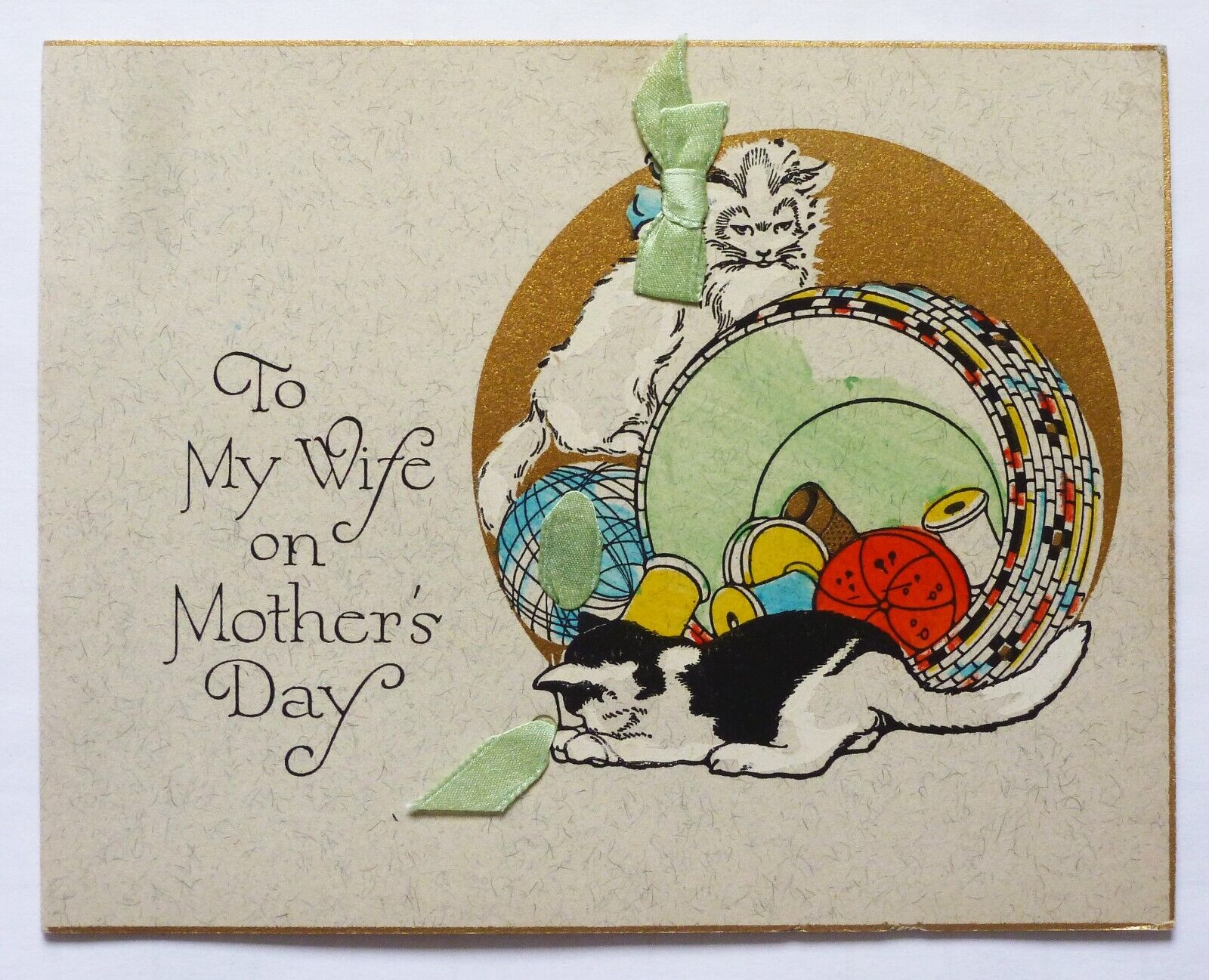 Art Deco Wife Mother\'s Day Card-CUTE CATS PLAYING WITH SEWING BASKET-Vtg 1930\'s