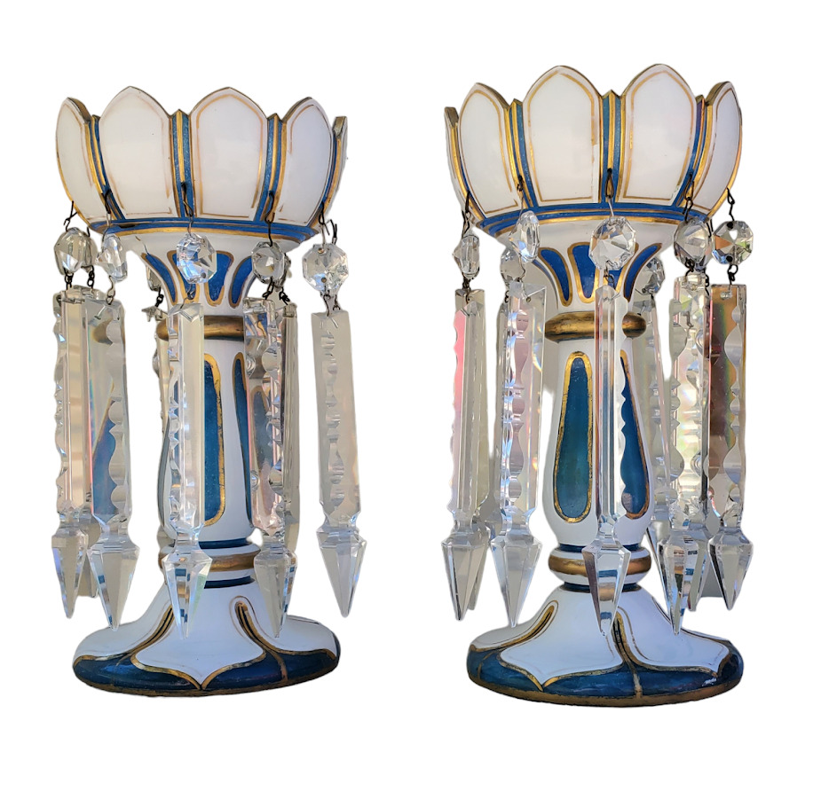 Pair Victorian Mantle Lusters Candle Dangle Crystals Blue Milk Glass Gold Gilt