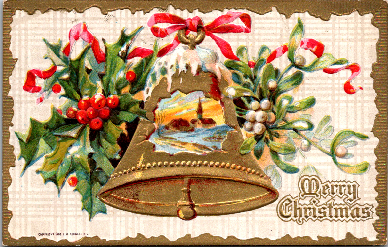 Vintage C 1910 Merry Christmas Embossed Postcard Greeting Gold Bell Holly Berry