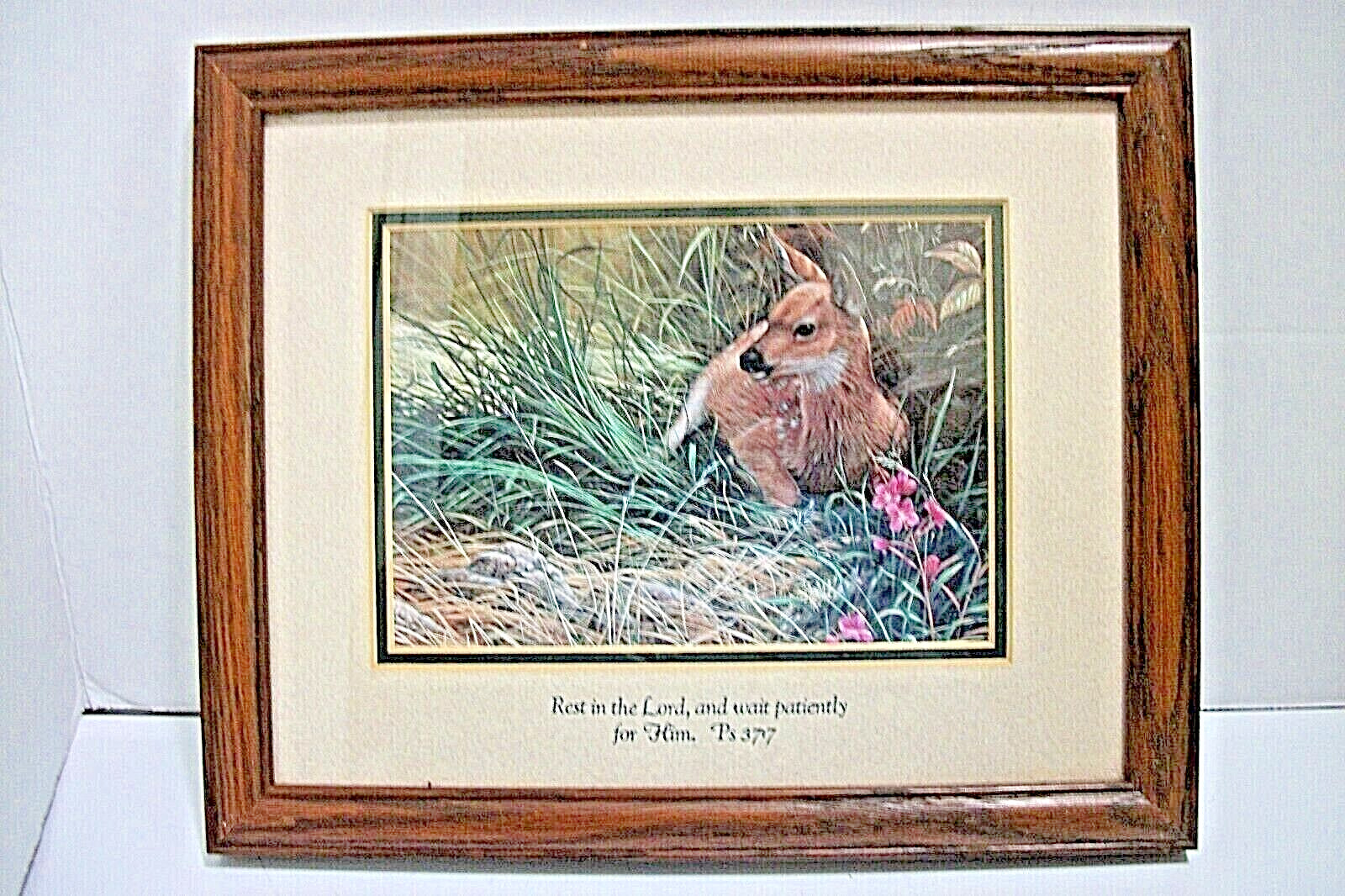 Vintage Wood Framed RESTING FAWN Print Matted with Scripture Verse