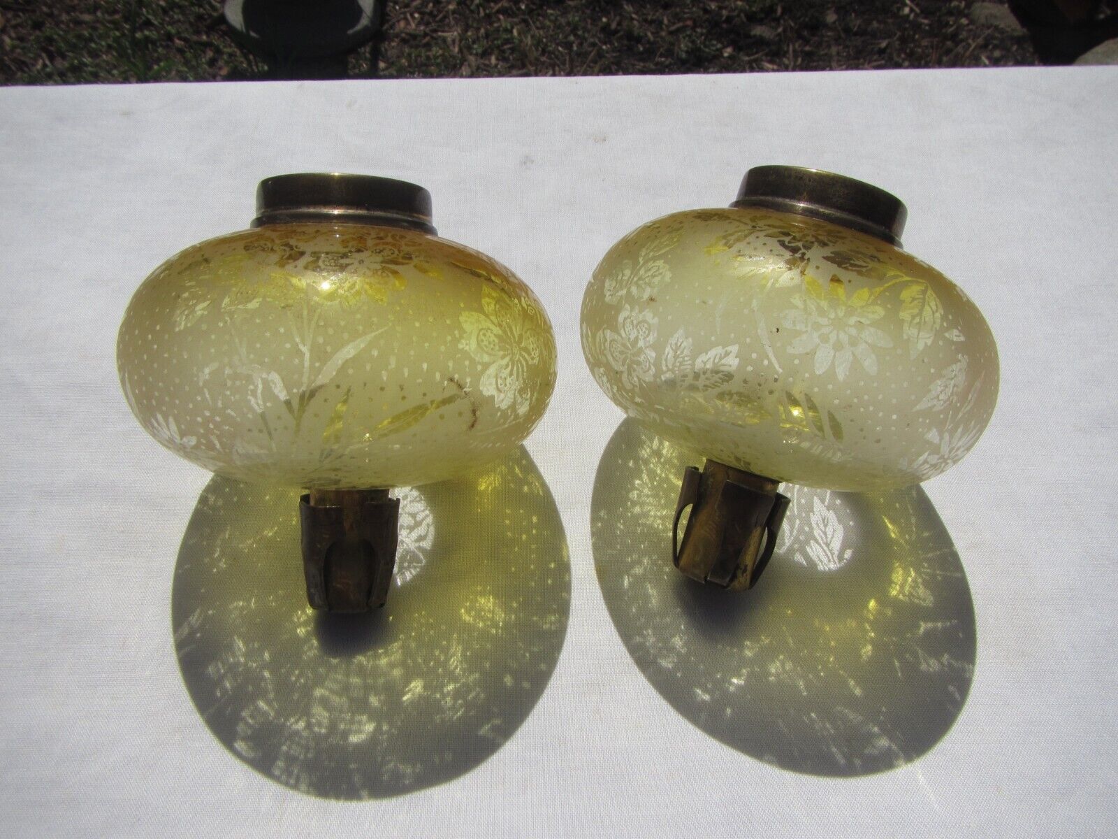 pair of Victorian acid etched peg candlestick   oil lamp  fonts yellow accents