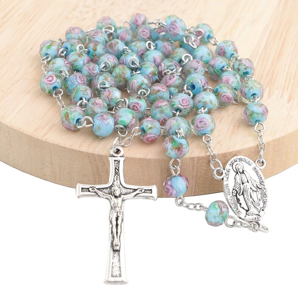 8mm Rosebud Flower Lampwork Glass Beads Handmade Rose Rosary with Mary Center