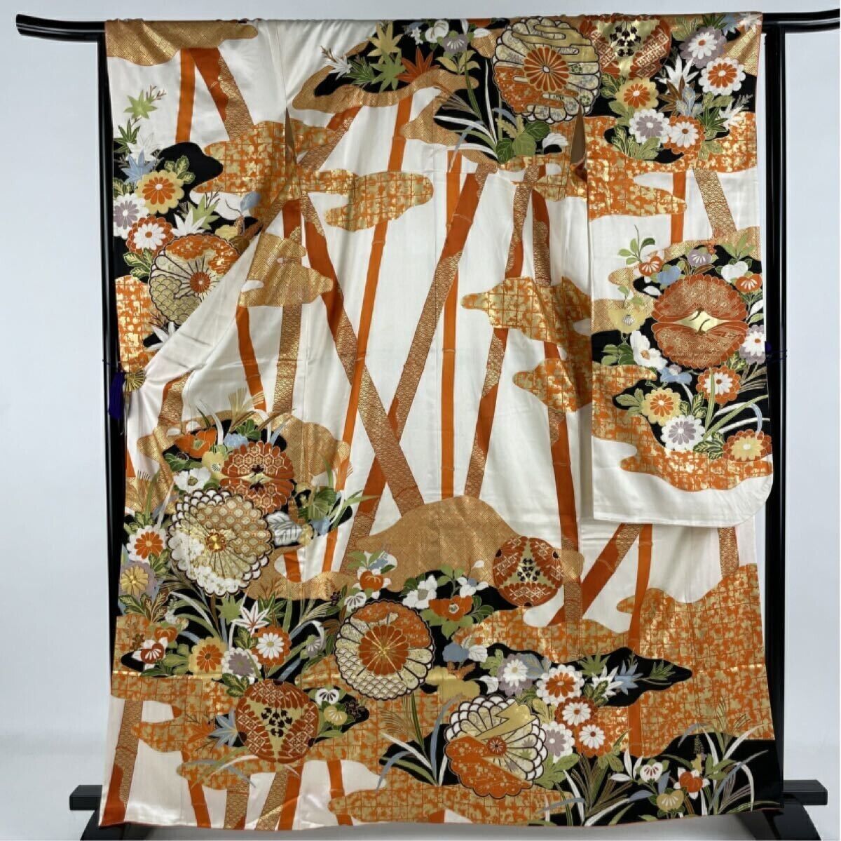 Japanese Silk Kimono Furisode Vintage Traditional flower pattern Gold (a12)