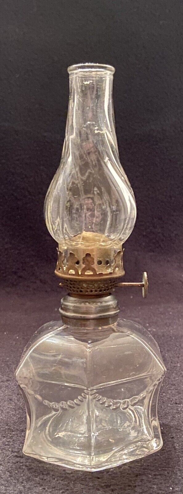Antique MINIATURE KEROSENE/OIL LAMP-Clear Glass-Panels w/Beaded Swag-6 3/4\
