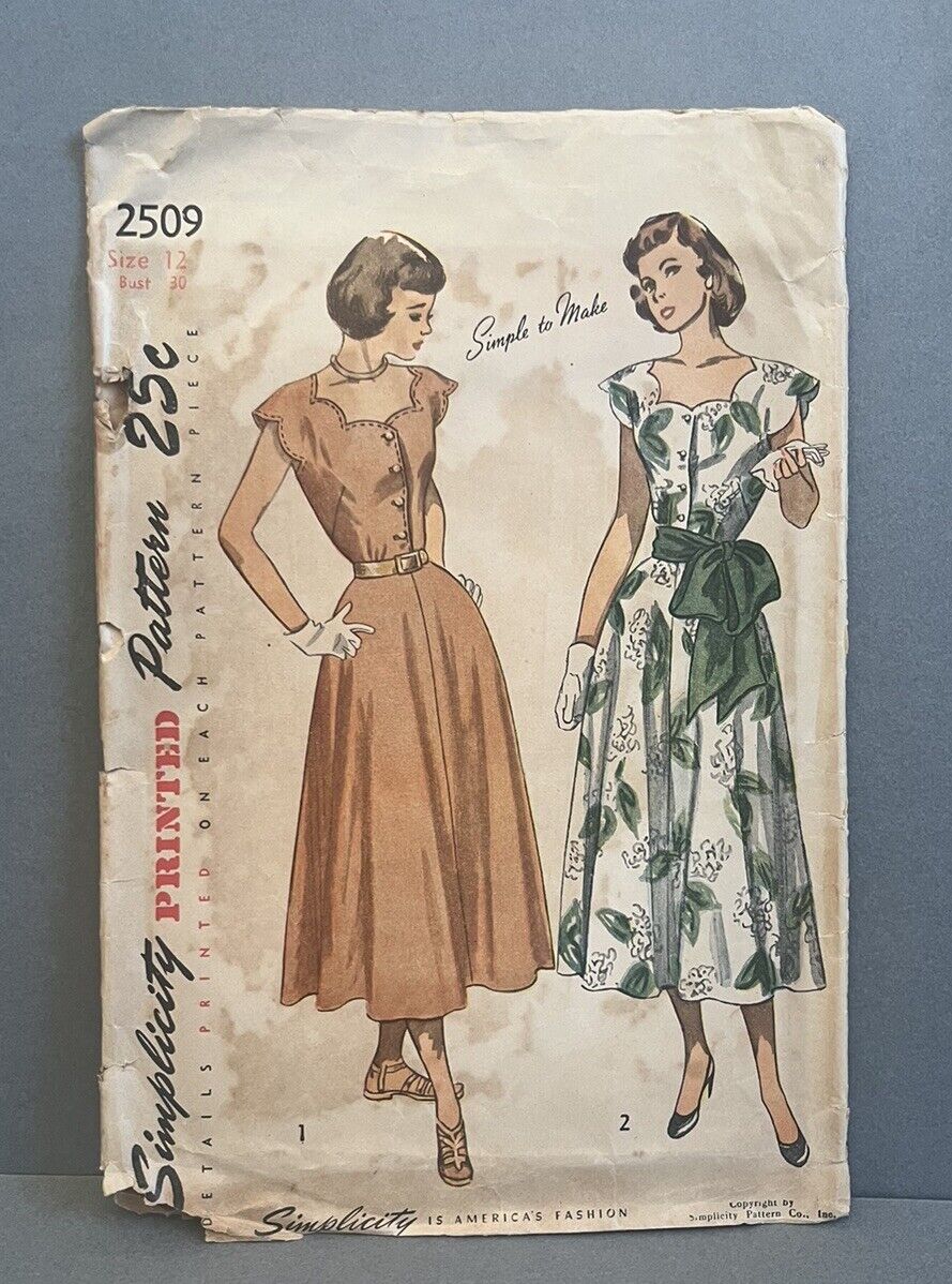 Vintage 1948 Simplicity Sewing Pattern 2509 Misses One Piece Dress Size 12 - Cut