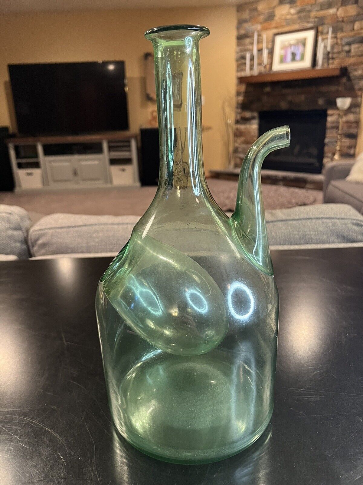 Antique French Green Glass Wine Pouring Bottle Early 20TH Century Hand Blown
