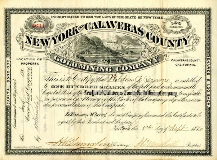 New York and Calaveras County Gold Mining Co. - Stock Certificate - Mining Stock