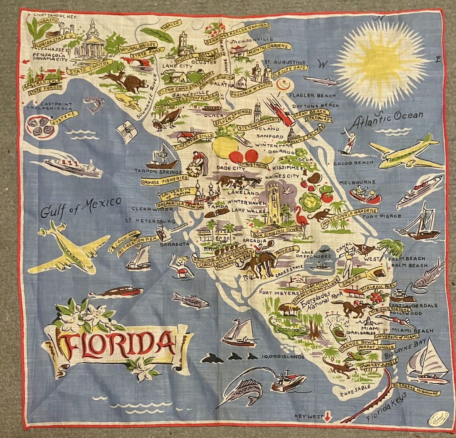 1950s Florida Souvenir Hanky With Map & Great Graphics - Classic FL Kitsch