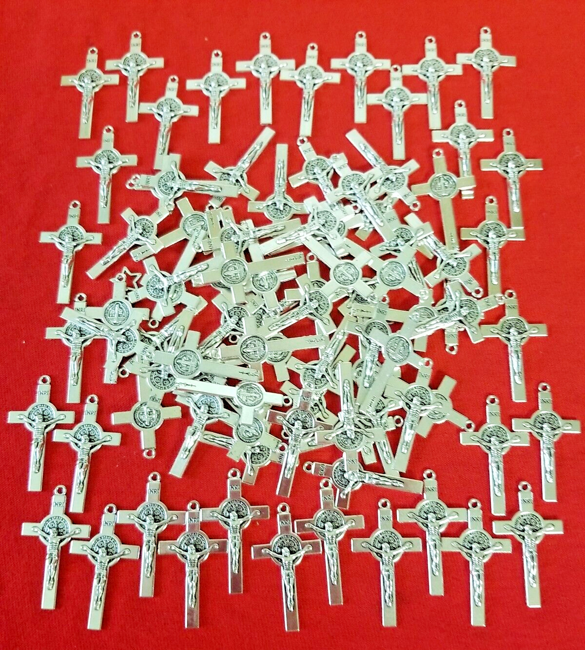  LOT OF 100  St Benedict Cross Silver  PLATED Catholic Jesus Crucifix Pendant 