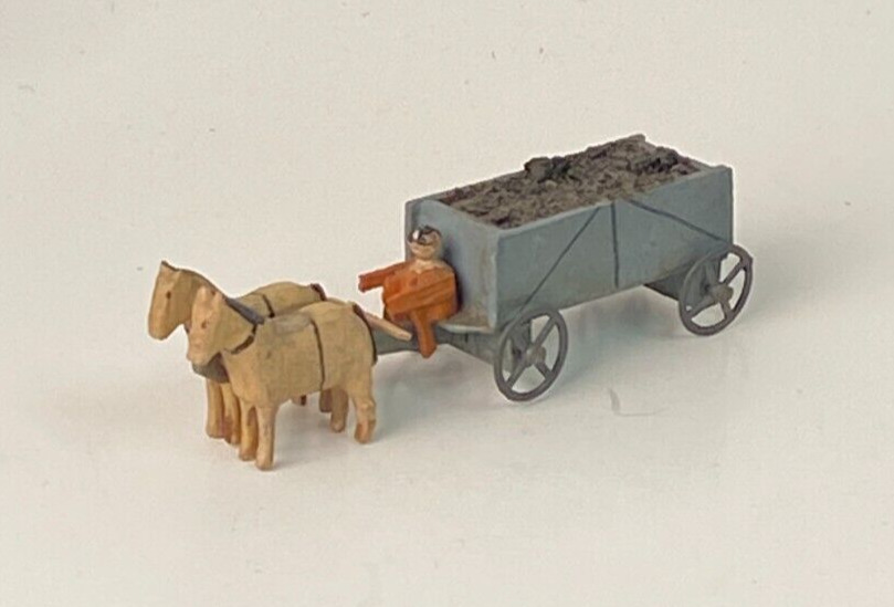 Erzgebirge Style Wooden Coal Wagon With Horses & Driver Stamped Germany 3-1/2\