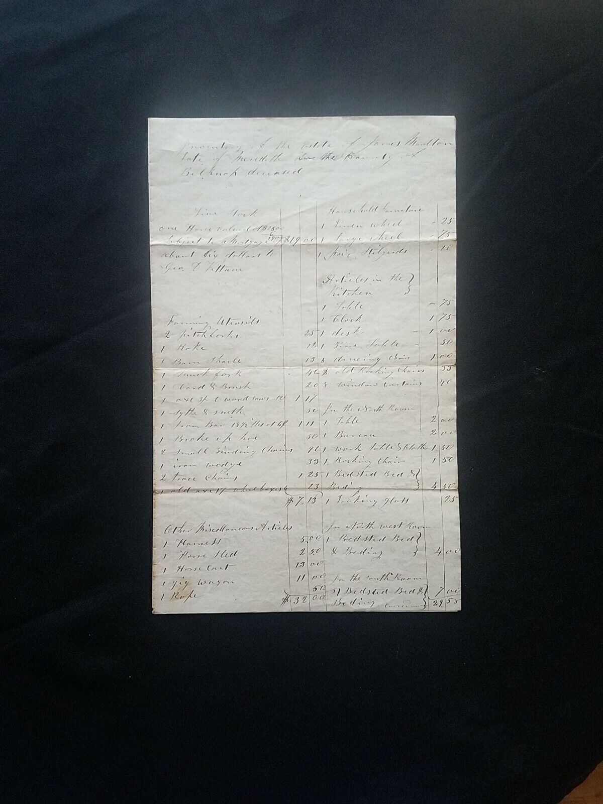 1860 Handwritten Inventory Estate of James Moulton Meredith New Hampshire