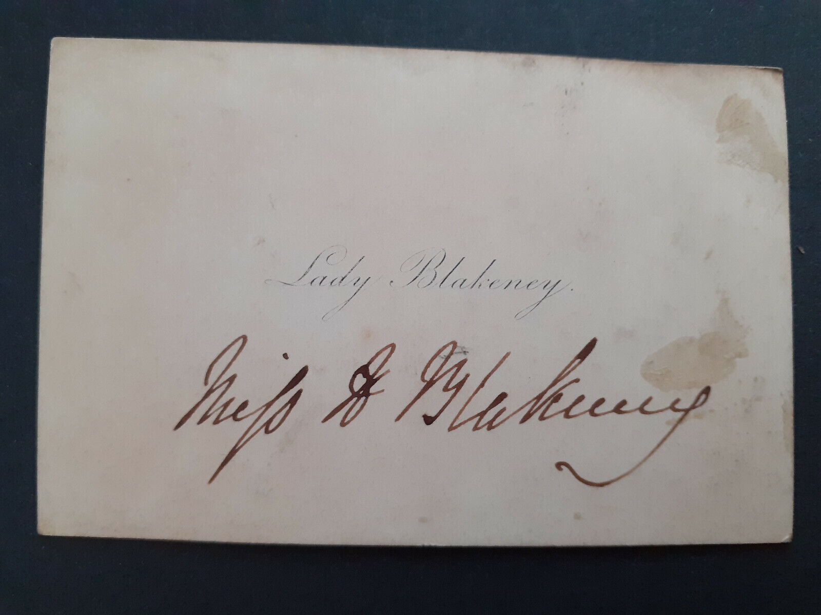 c1850/60s Calling Card Lady Blakeney to Mrs William Johnson