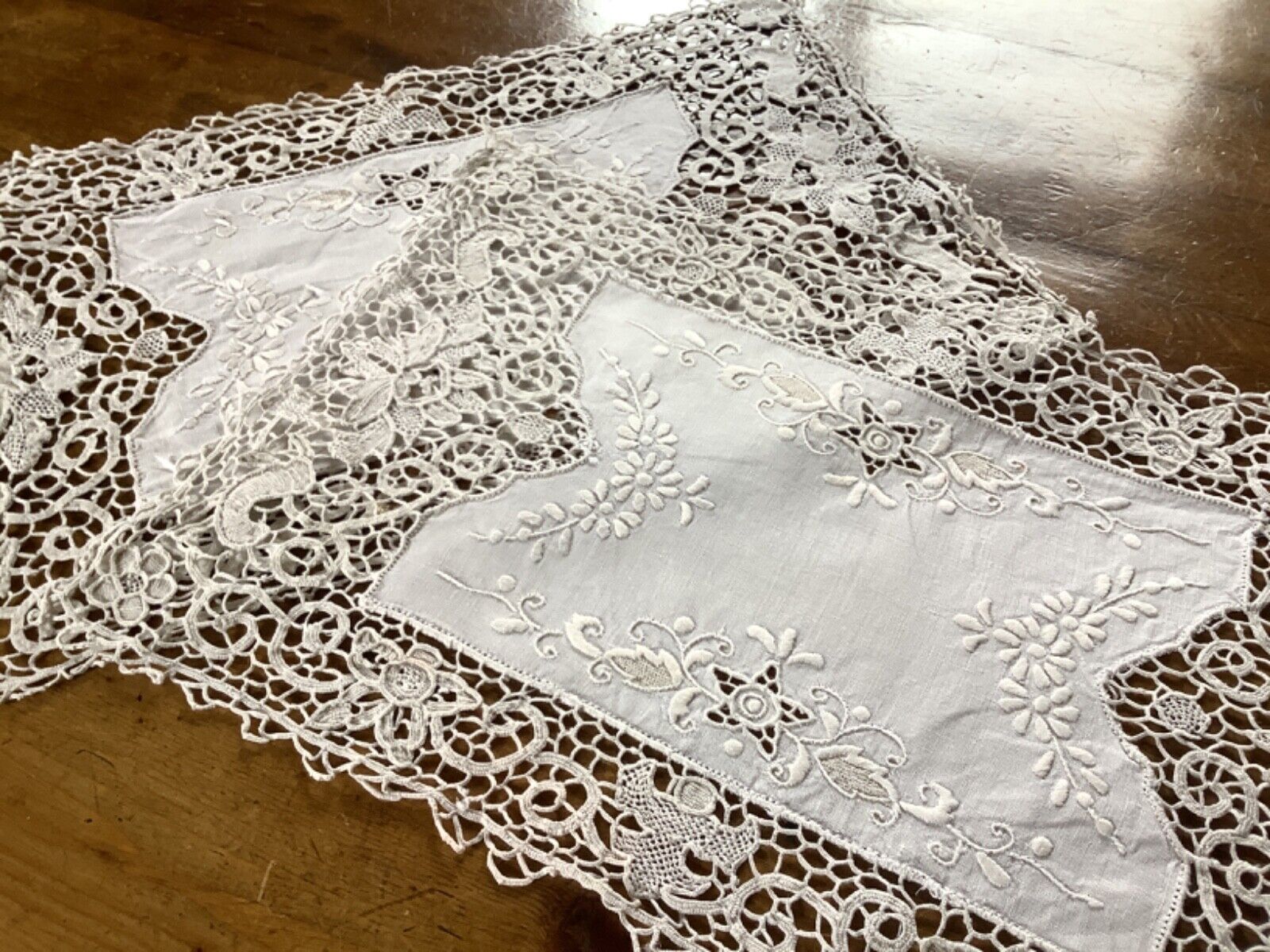 Pair of Vintage Antique Cream Linen & Lace Place Mats Hand Finished