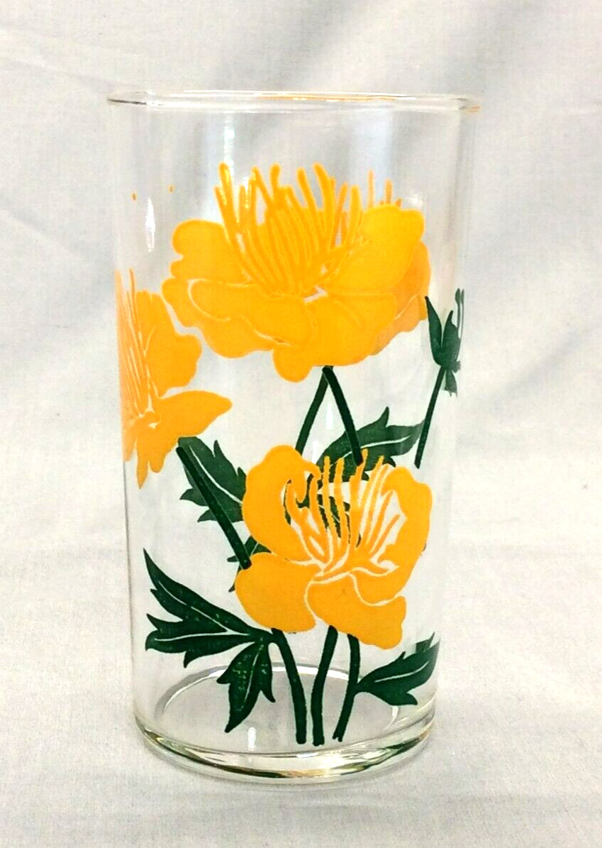 Vintage  Libbey Glassware Single High Ball Tumbler Yellow Flowers 9 Oz