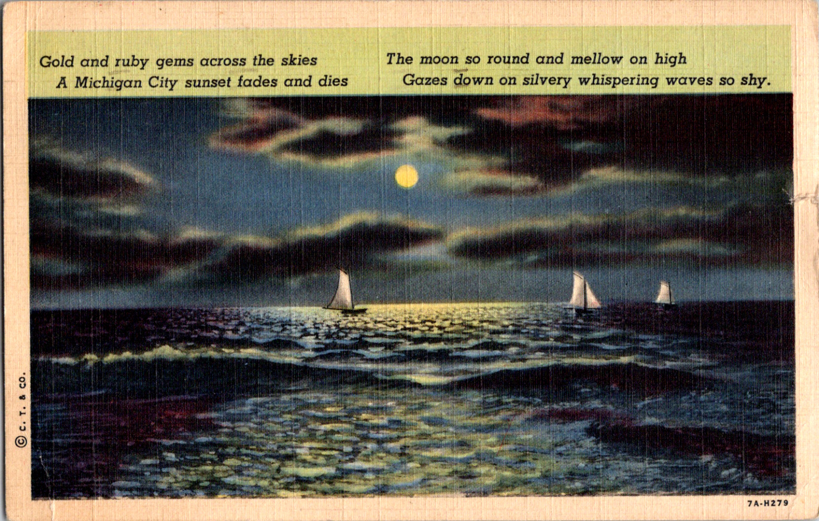 Vintage C. 1950  Moon Lit Sailing Boats Lake Michigan Poem MI Postcard 