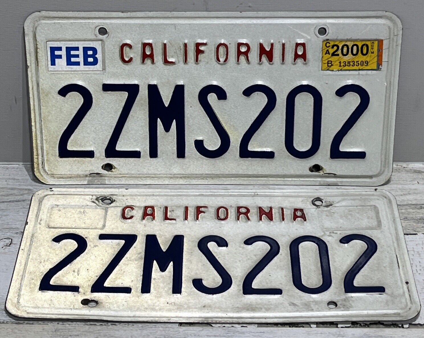 Vintage 90s - 2000 California CA License Plate Pair “2ZMS202”
