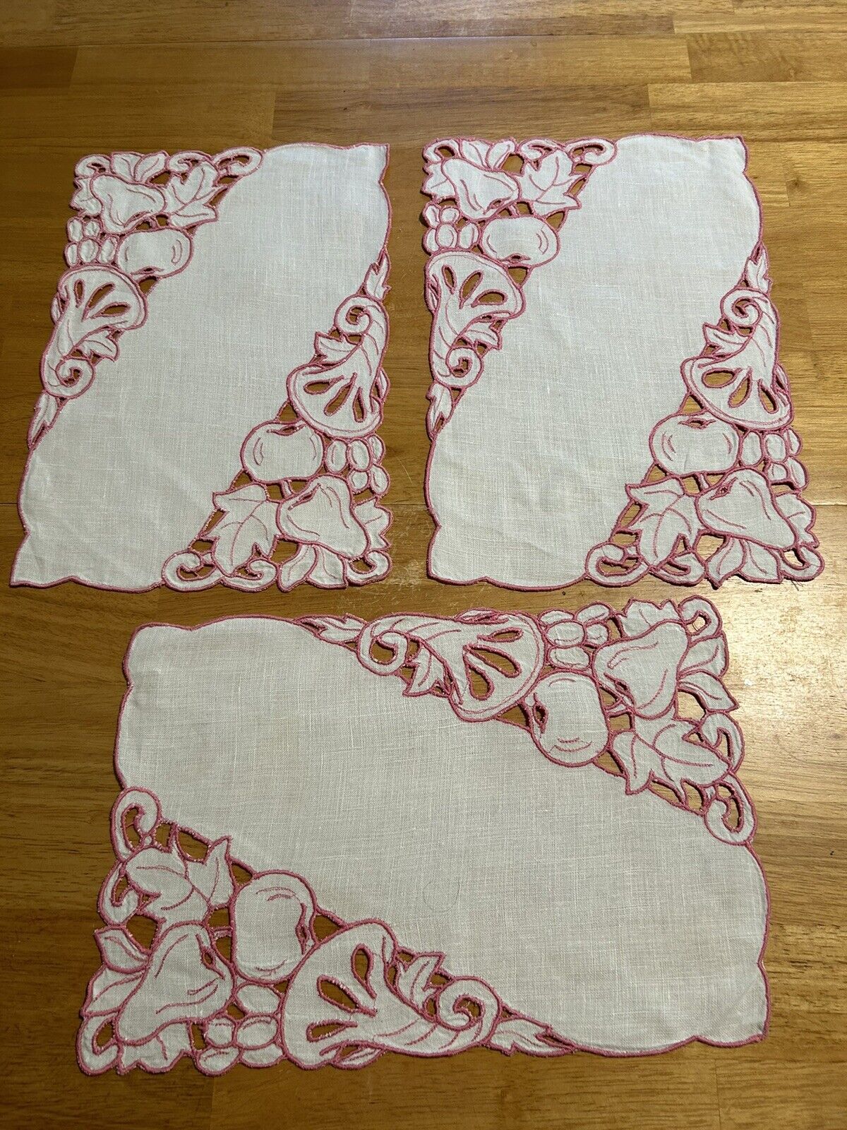 Vintage Embroidered Cutwork Linen Pink Handmade Set of 3 Doilies or Placements