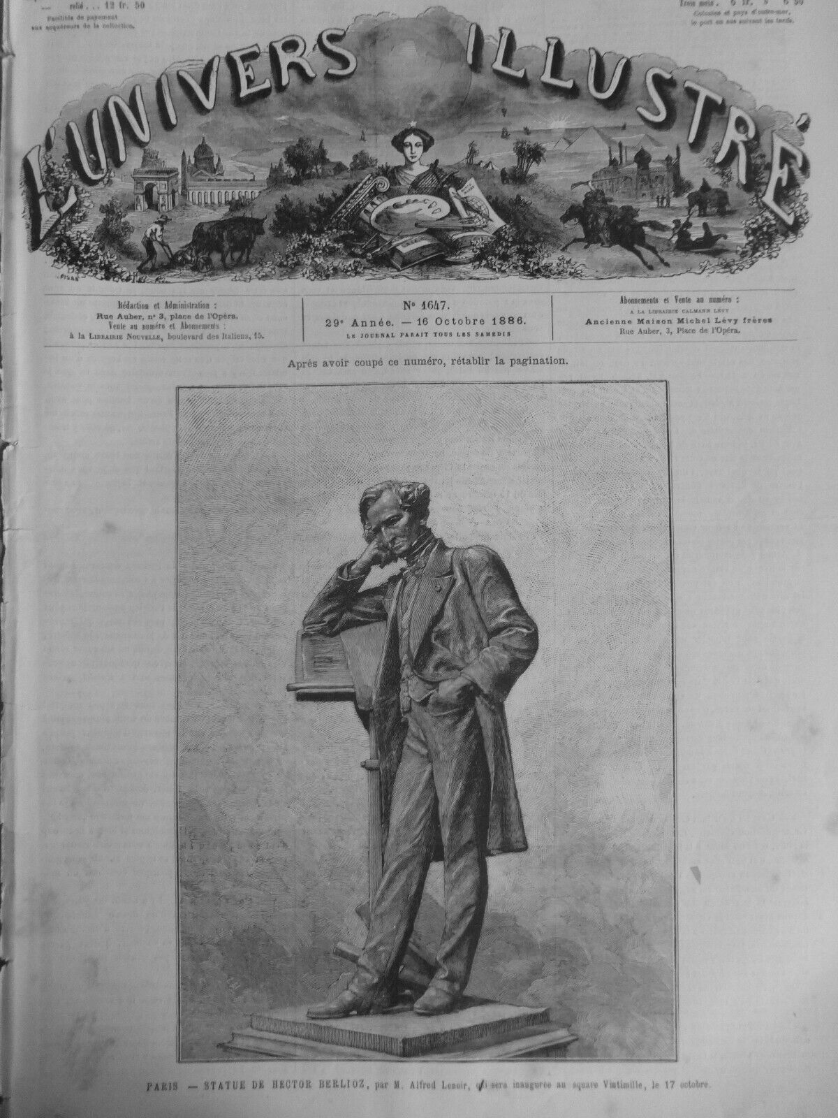 1863 1892 BERLIOZ HECTOR THEATRE PORTRAIT 3 OLD NEWSPAPERS