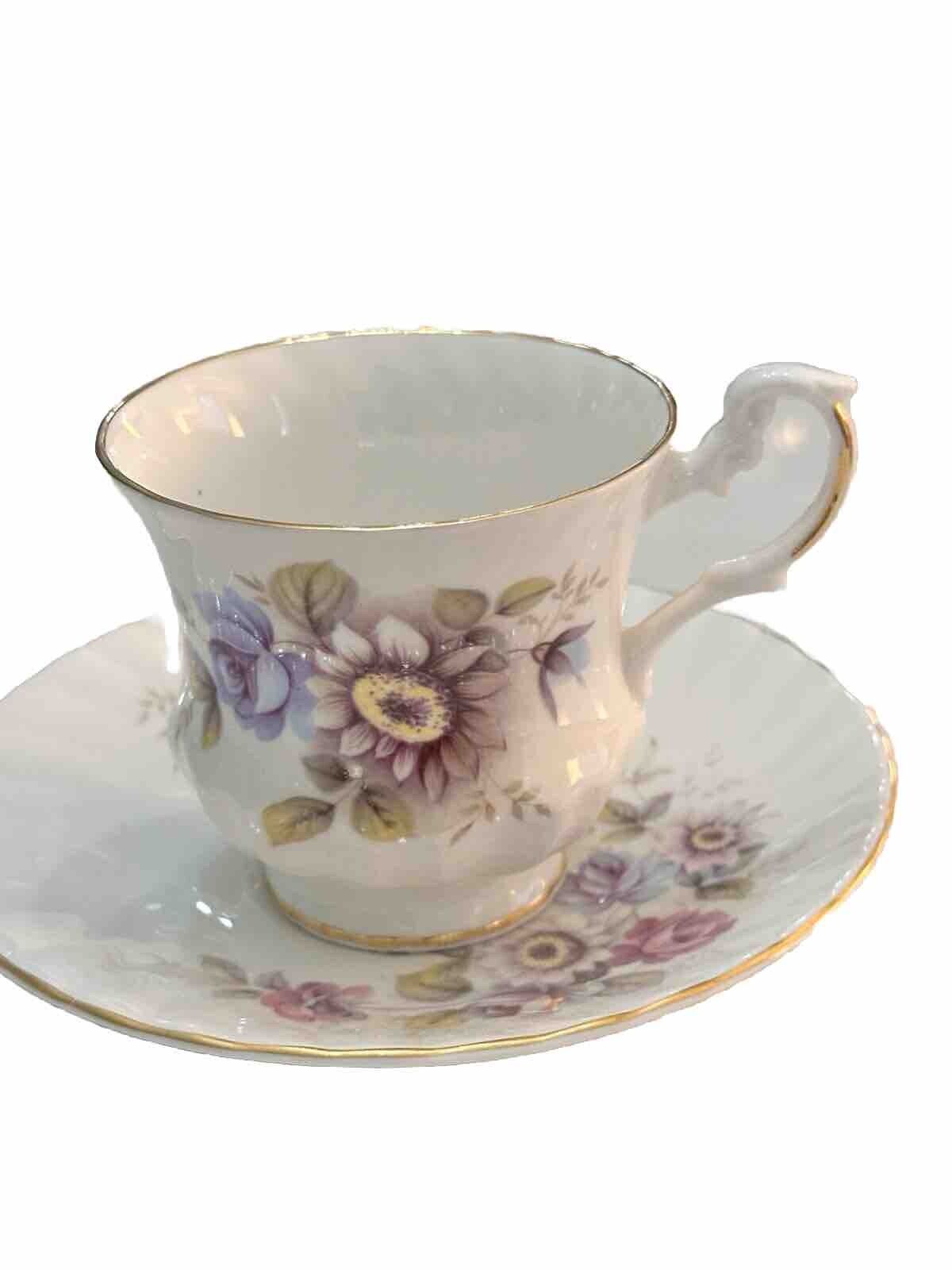 Vintage Royal Dover fine bone china purple floral Tea cup and saucer Gold Trim