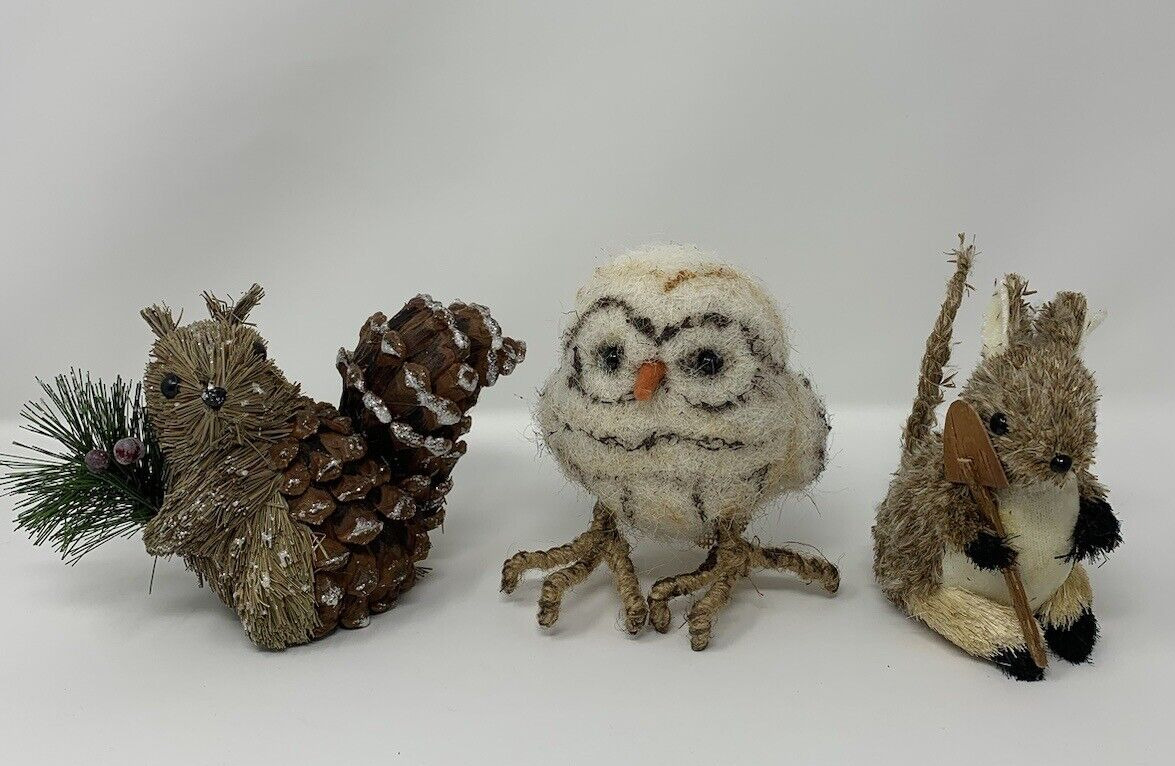 Trio Lot Bristle Natural Fiber Art Woodland Figurines Owl Squirrel Mouse Decor