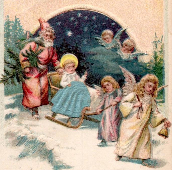 1908 SANTA CLAUS FATHER CHRISTMAS EMBOSSED REAL BLUE FABRIC EMBELLISHMENT ANGELS