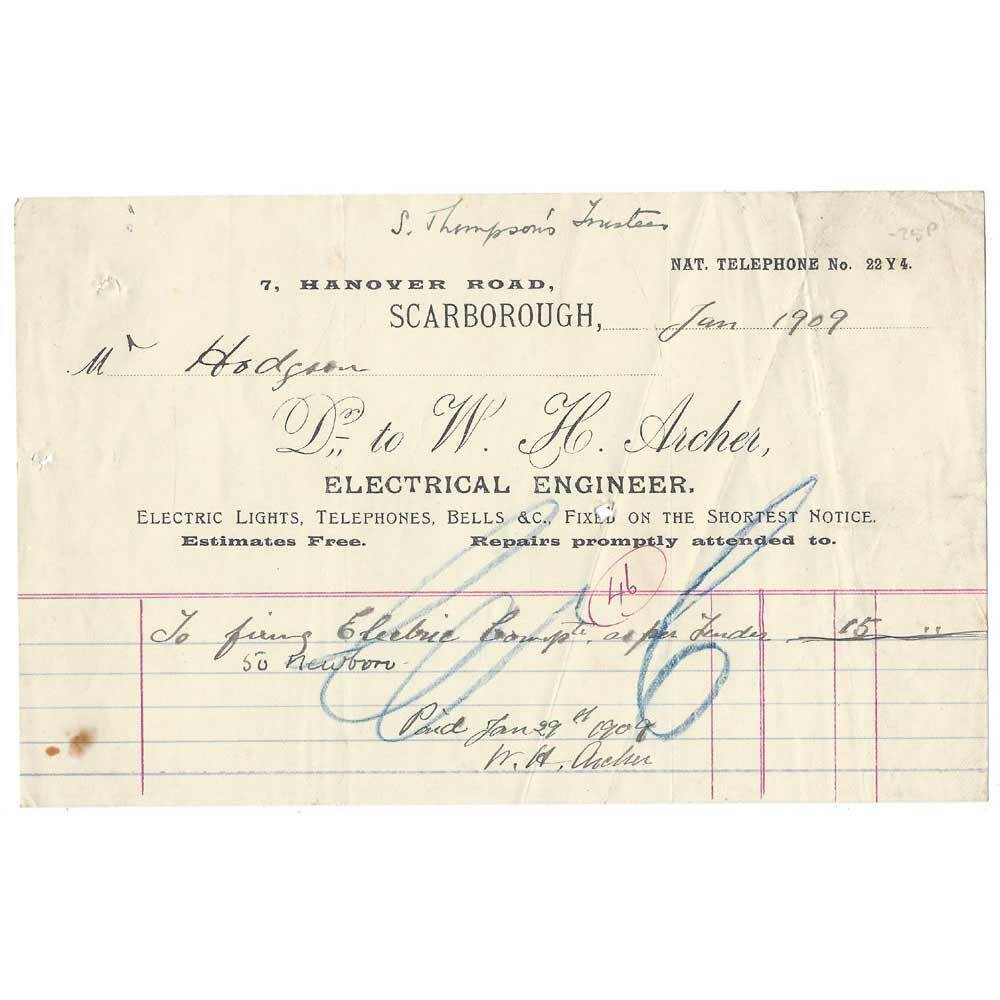 1909 Billhead, WH Archer, Electrical Engineer, Hanover Road SCARBOROUGH