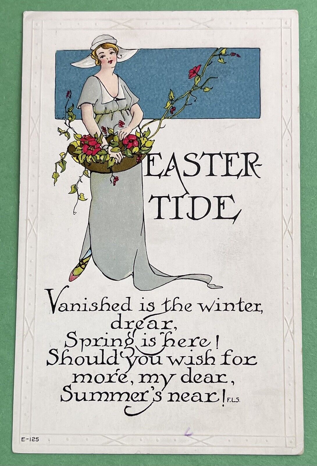 Vintage Embossed Easter Postcard~lady with bouquet flowers. E513