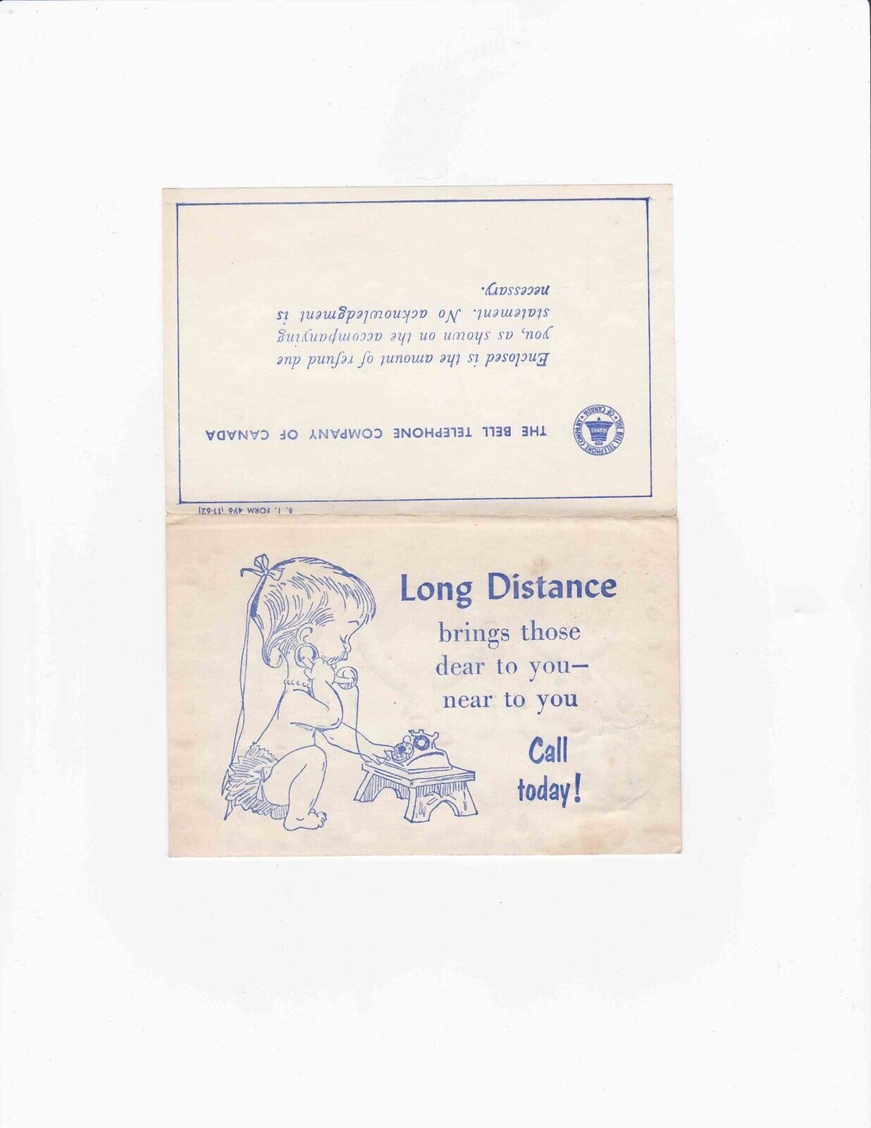 1962 Bell Telephone Company Of Canada Mail Refund Silver Coin Holder Mailer P430