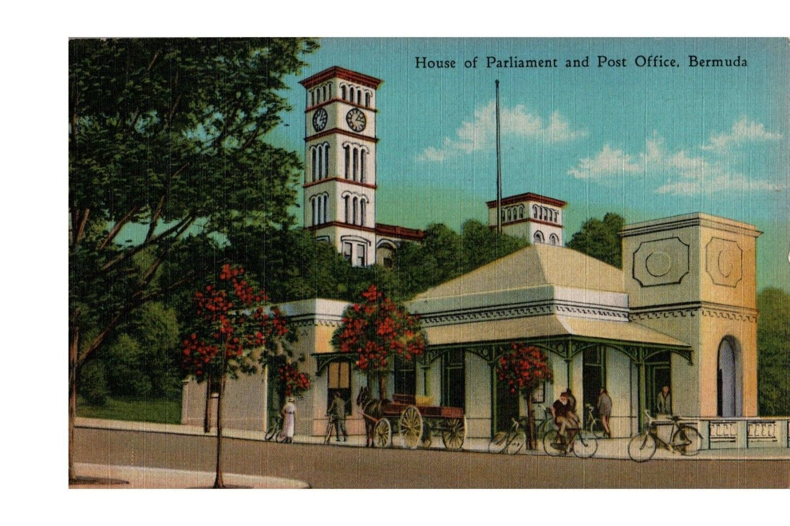 Postcard Bermuda House of Parliament Post Office Buggies Bikes Stamp c1938