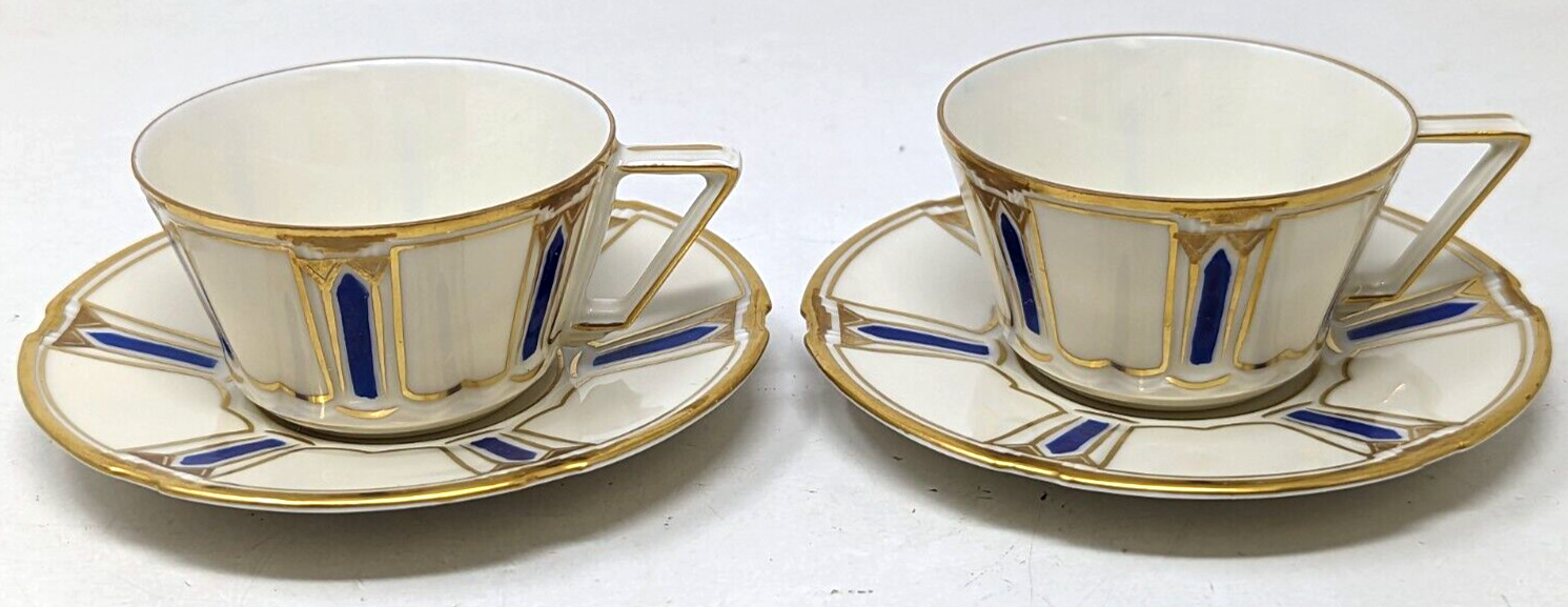 Vintage Furstenberg Porcelain Gold Gilt Blue Demitasse Cup & Saucers 2 Lot KB23