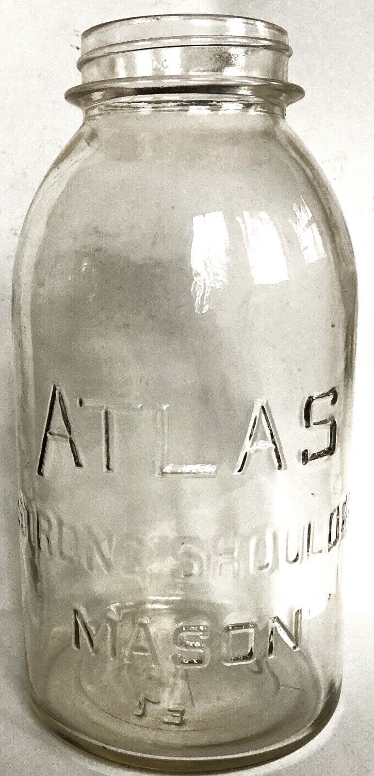 ATLAS STRONG SHOULD MASON Clear 1/2 Gallon Jar base has HA logo B E7 1920s-40s