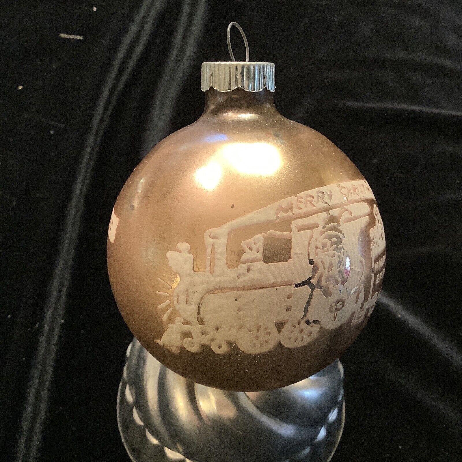 L1205🌟Vintage Gold Shiny Brite Glass Ornament “A TRAIN LOAD Of Happy Wishes” #3
