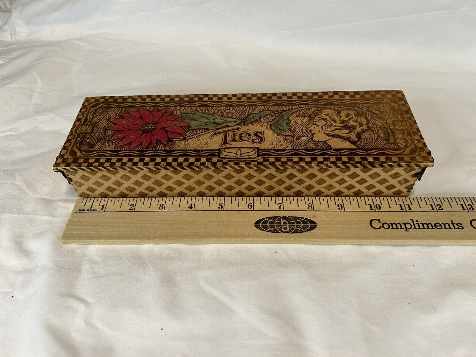 Antique Art Nouveau Flemish wooden pyrography hinged ties box