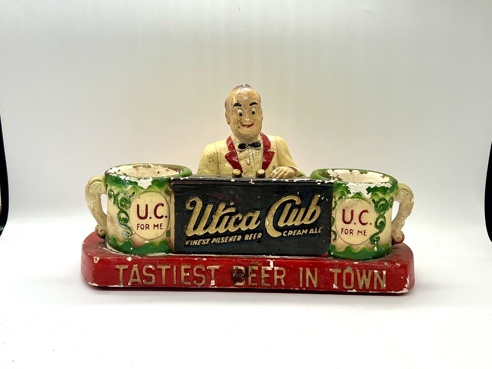 Vintage Utica Club Beer Display Chalkware Bar Guy Holder UC Utica N.Y.