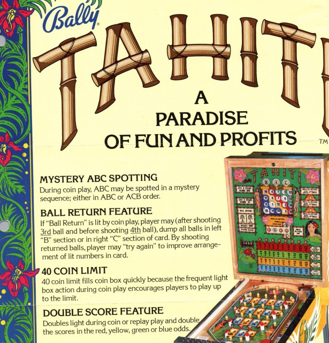 Rare Bally TAHITI Pinball Bingo Game Arcade Flyer Ad 8x11 c1979 Original