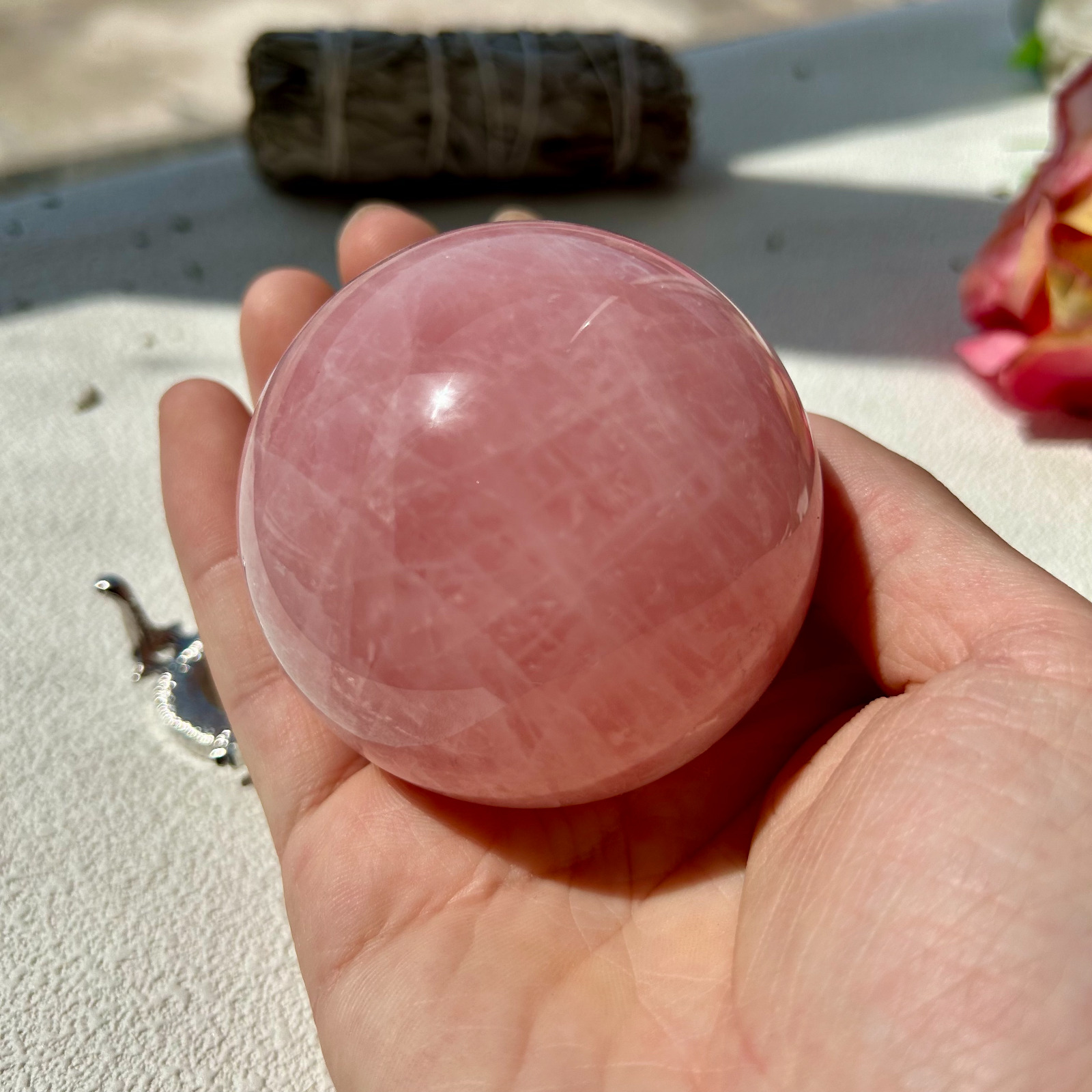 67mm Natural Pink Rose Quartz Magic Crystal Sphere Reiki Healing Ball 430g