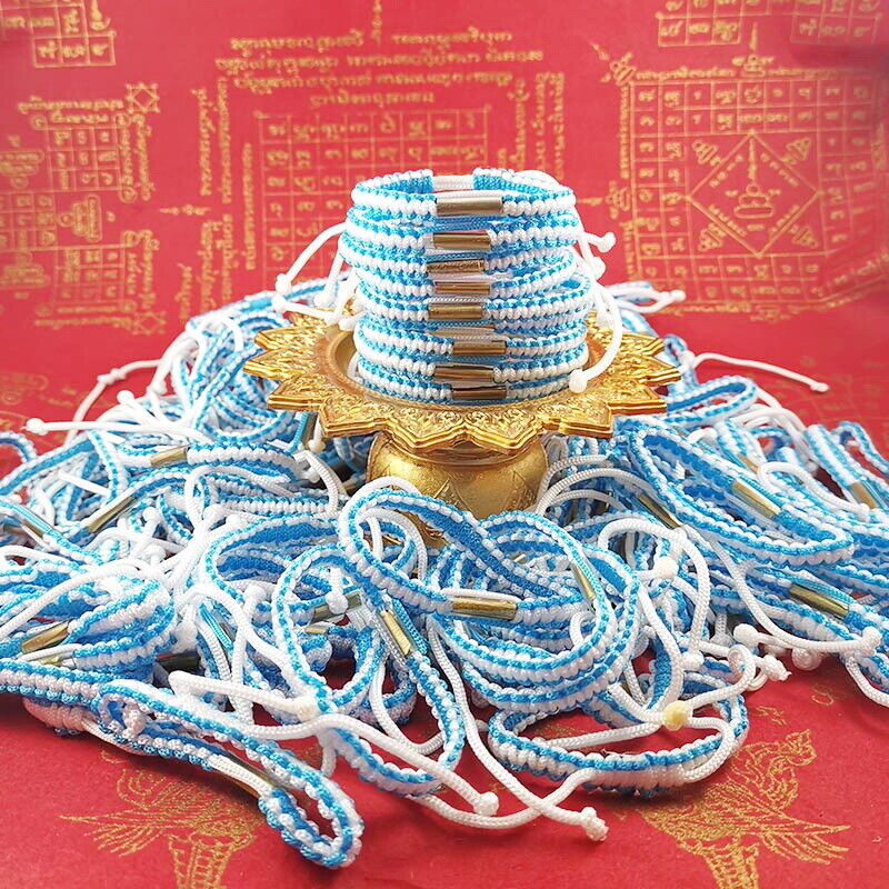 50 pcs SAI SIN Bracelet Buddhism Blue White Color Cord Thai Amulet Wealth Rich