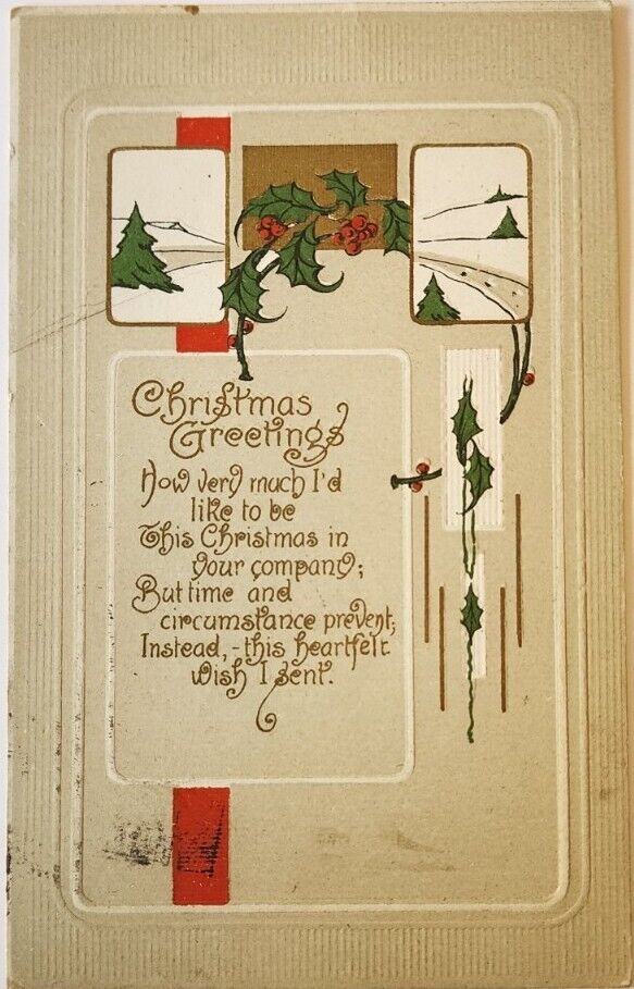 Christmas Greetings, 1918 Holly, Vintage Holiday Postcard Stamp