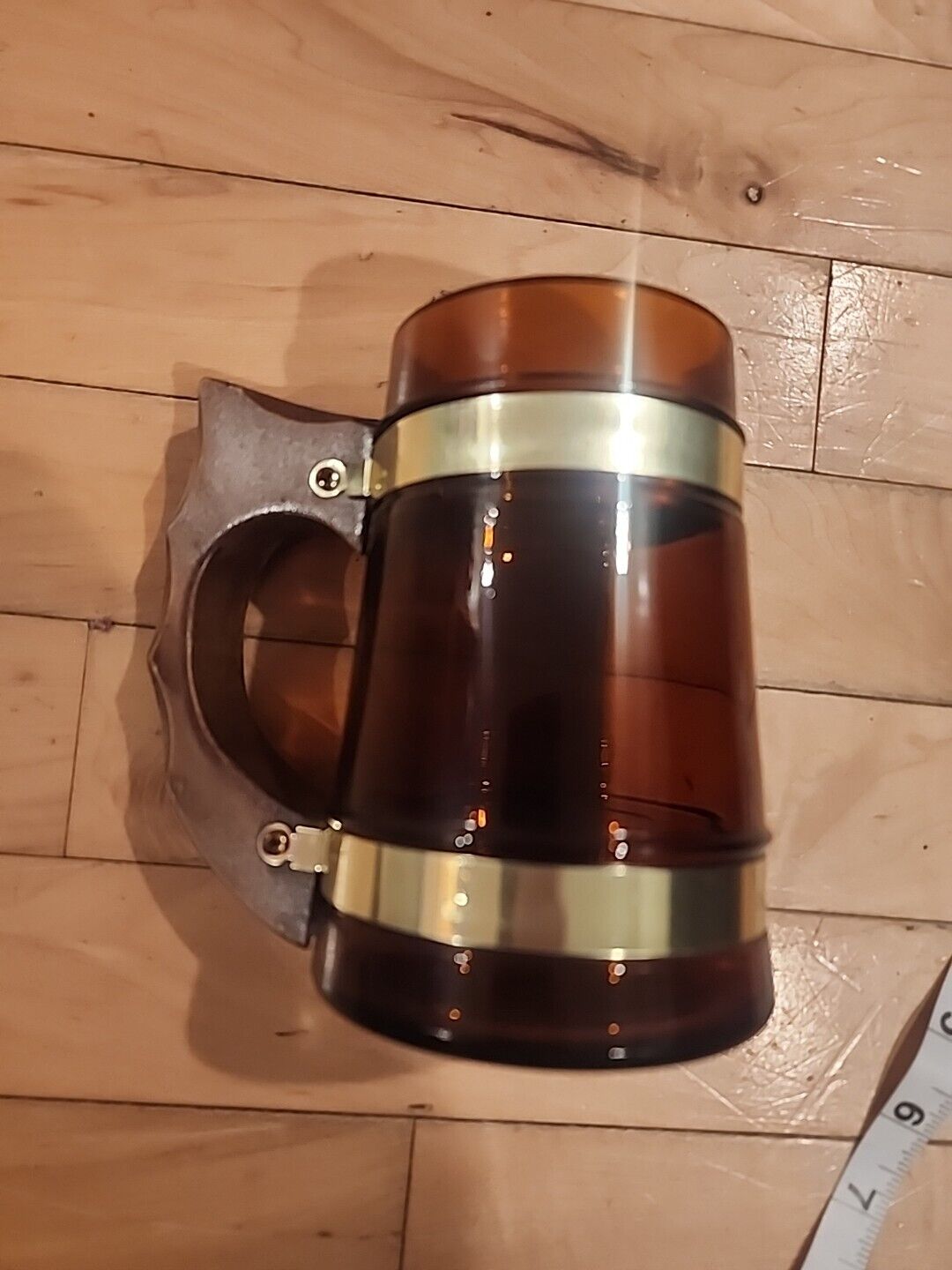 Vintage Siesta Ware Amber  Glass Beer Mug Brass Banded & Wood Handle Set Of 2