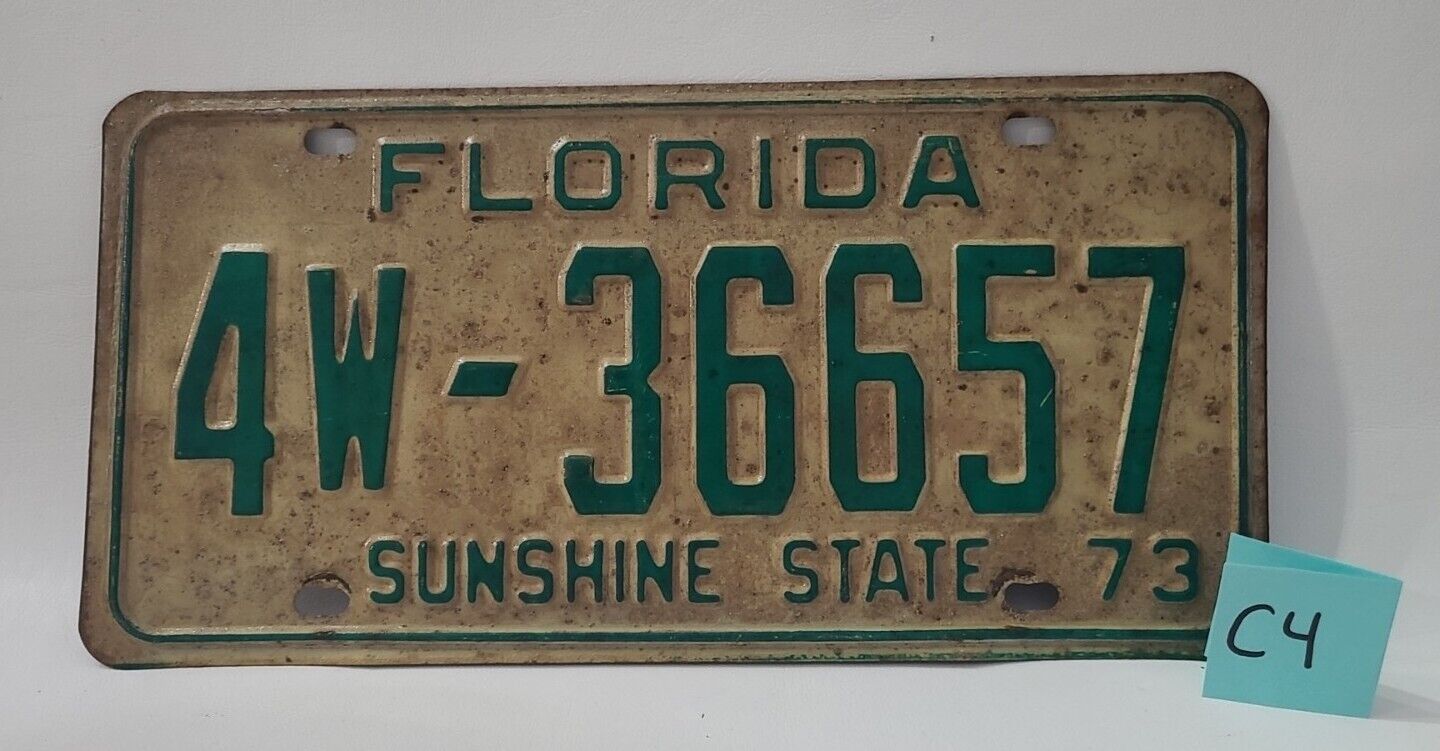 1973 Florida Sunshine State License Plate 4W-36657 Green Metal Vintage ⬇️(C4)