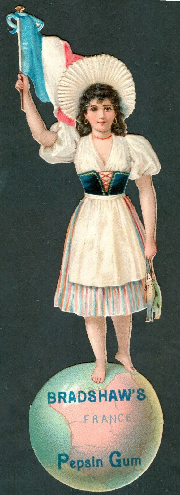 1890s BRADSHAW’S Pepsin GUM DIE CUT Card FLAG GIRL France RARE Embossed 7 inches