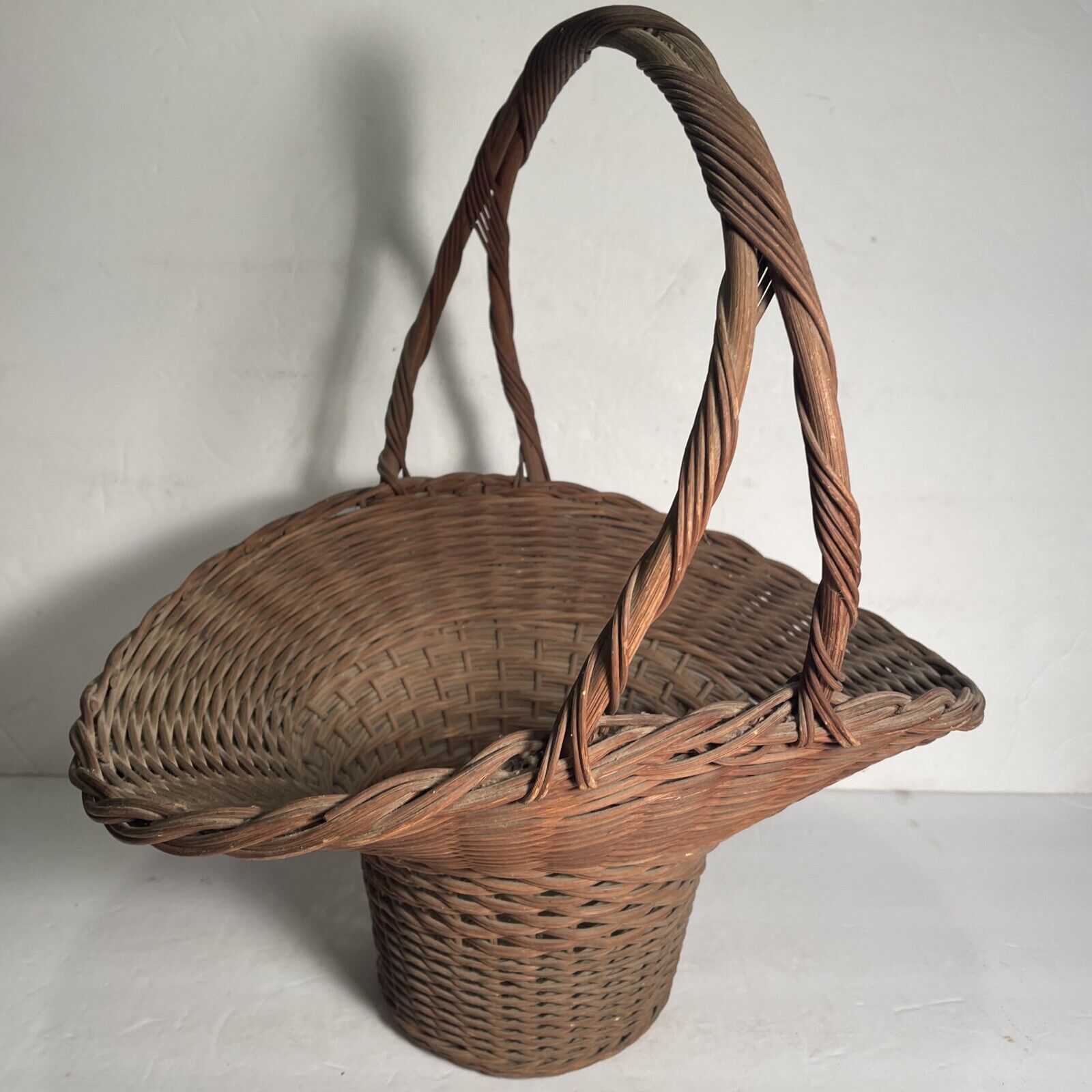 Vtg Antique Easter Basket Hand Woven Handmade Large Handle Victorian Wicker