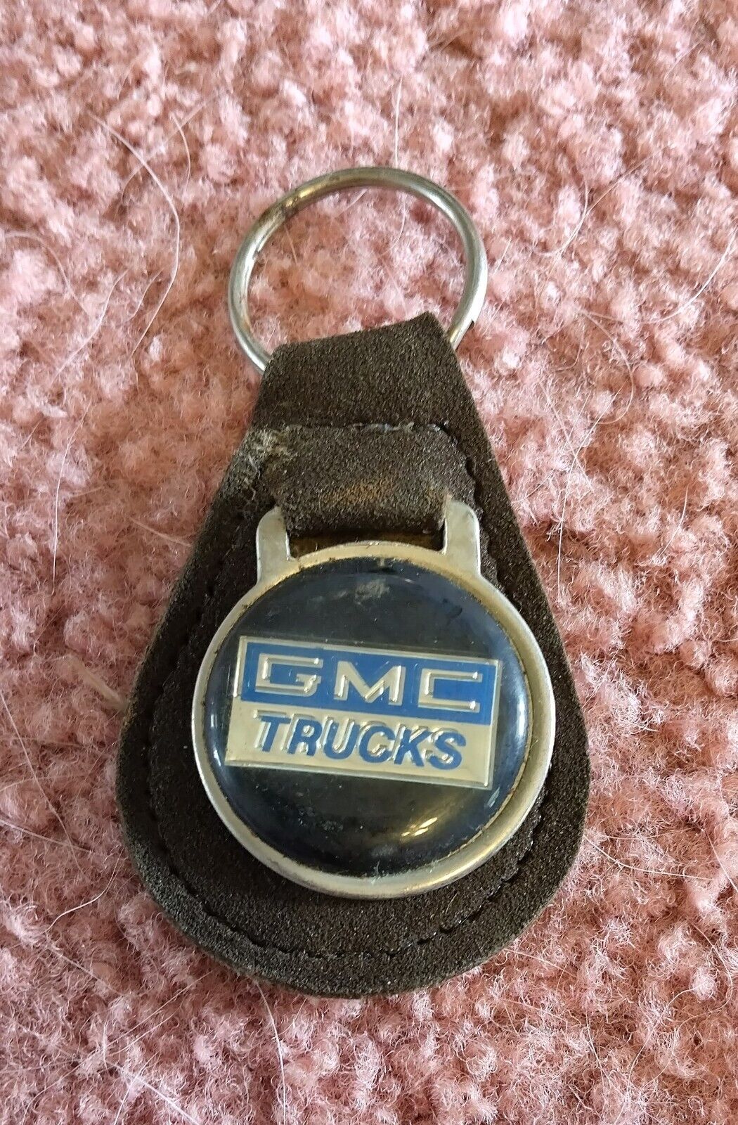 Vintage GMC Trucks Dark Brown Leather & Metal Keychain FOB Black Blue & Silver 