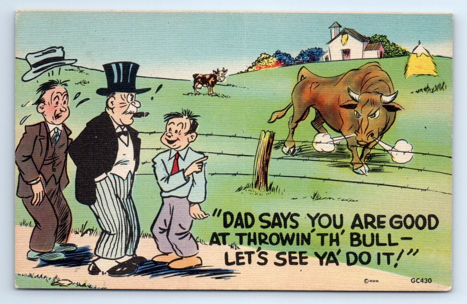 Boss Dad Says You Are Good at Throwing Bull Comic Child Linen Postcard c.1940