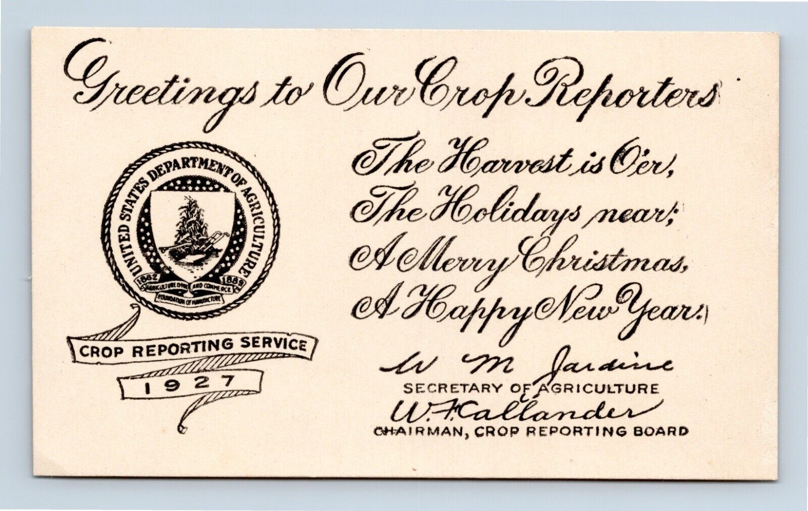 1927 Seasons Greetings From United States Department Of Agriculture Card Insert