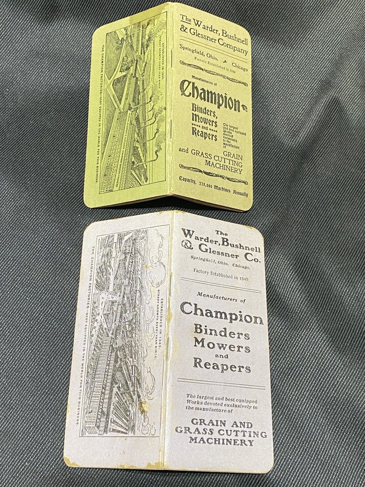 2 Vtg 1901 Champion Mower Reaper Springfield Ohio Wader Bushnell Glessner Advert