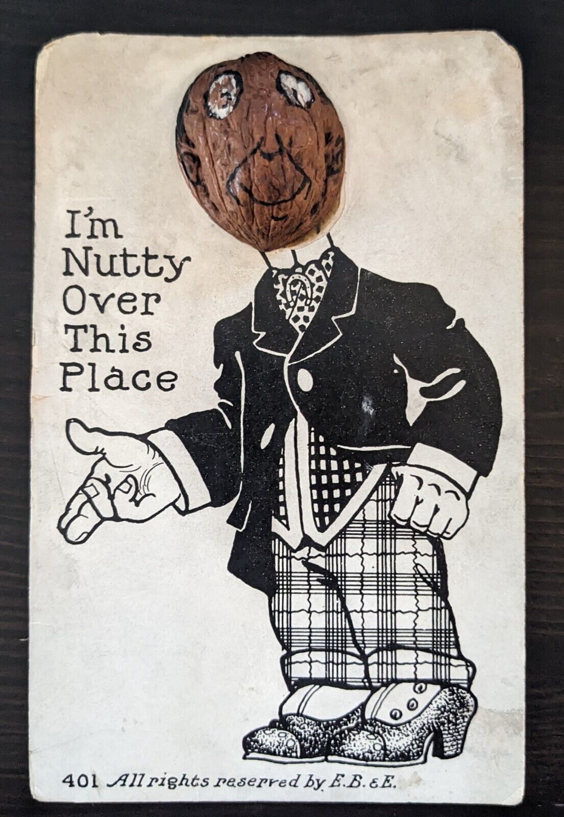 Real Walnut Shell Attached as Man's Head to Nutty Vintage Novelty Postcard