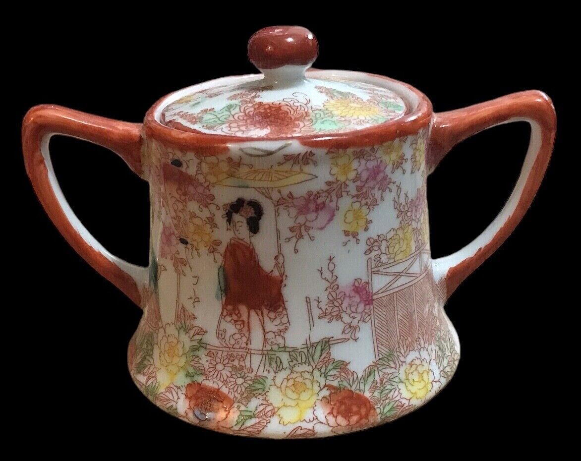 Vintage Japanese Geisha Girl Hand Painted Two-Handled Sugar Bowl with Lid~Japan
